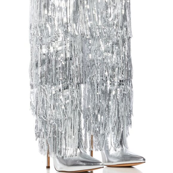 Callie Chrome: Sequin Fringe Silver Stiletto Azalea Wang Boots 9 8 - Picture 3 of 11